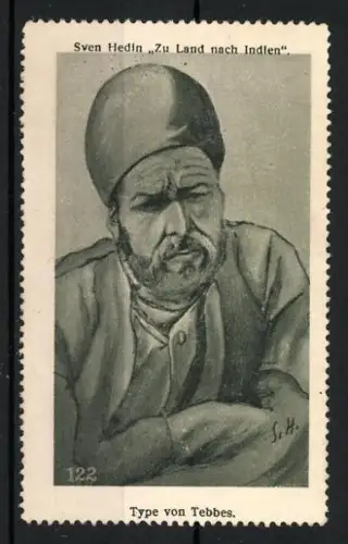 Reklamemarke Zu Land nach Indien, Sven Hedin Expedition, Portrait von Tebbes