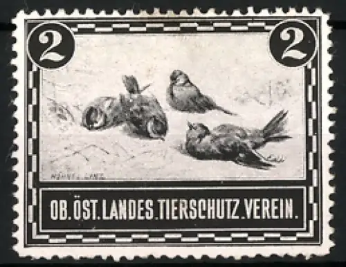 Reklamemarke Oberösterreich, Tierschutzverein, Vögel im Schnee