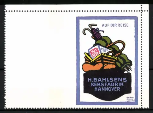 Künstler-Reklamemarke Lucian Bernhard, Hannover, H. Bahlsens Keksfabrik, Koffer und Regenschirm, Probedruck