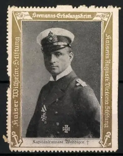 Reklamemarke Seemann-Erholungsheim, Kaiser Wilhelm-Stiftung, Portrait U-Boot Kommandant Kapitänleutnant Weddigen