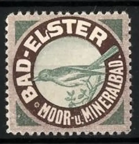 Reklamemarke Bad Elster, Moor- u. Mineralbad, Elster auf Zweig sitzend