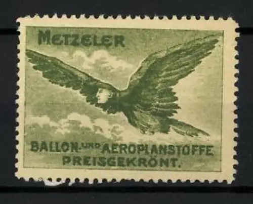 Reklamemarke Metzeler, Ballon- und Aeroplanstoffe, fliegender Adler mit menschlichem Gesicht