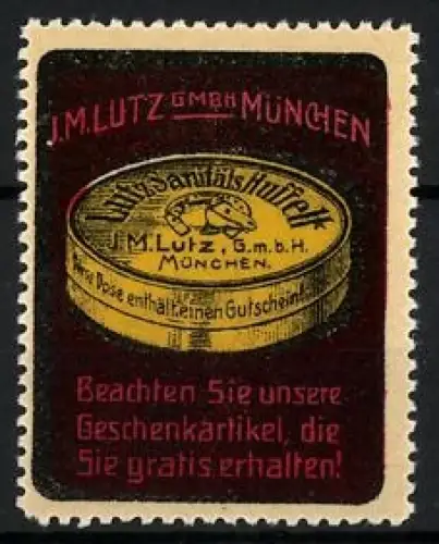 Reklamemarke München, Sanitäts Huffett J.M. Lutz GmbH, Geschenkdose mit Gutschein