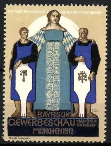 Reklamemarke München, Bayrische Gewerbeschau 1912, Bavaria mit Handwerkern & Zunftwappen