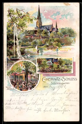 Lithographie Chemnitz, Schloss mit Garten und Neuer Garten