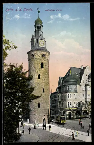AK Halle a. d. Saale, Leipziger Turm mit Strassenbahn