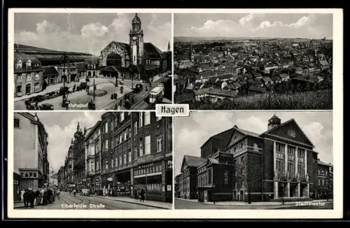 AK Hagen, Bahnhof, Elberfelder Strasse, Stadttheater