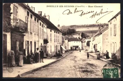 AK Pouilly-en-Auxois /Côte-d`Or, Rue Chanut animée avec habitants et architecture traditionnelle