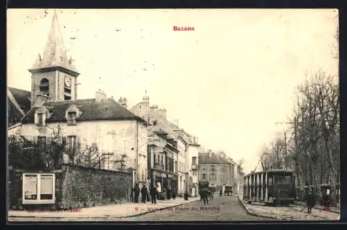 AK Bezons, Vue sur la Place du Marché avec tramway et église