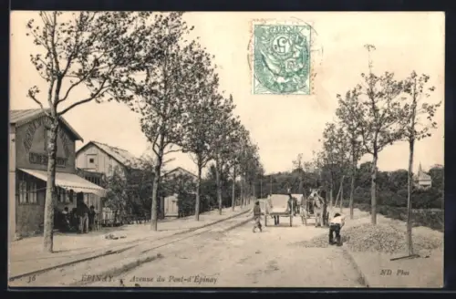 AK Épinay, Avenue du Pont-d`Épinay avec charrette et passants