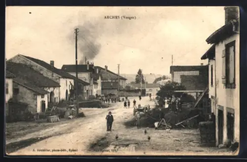 AK Arches /Vosges, Rue principale animée avec villageois et paysages environnants