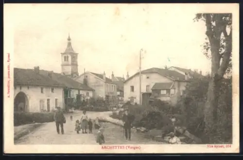 AK Archettes /Vosges, Scène de rue animée avec église et habitants
