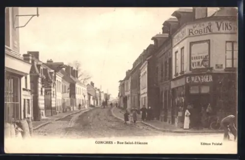 AK Conches, Rue Saint-Étienne avec boutiques et passants