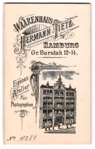Fotografie Hermann Tietz, Hamburg, Gr. Burstah 12-14, Frontansicht des Ateliers in dekorativem Rahmen