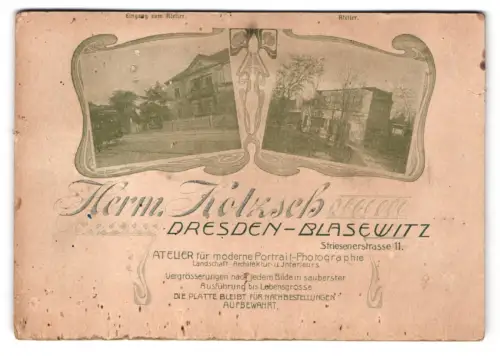 Fotografie Herm. Kotzsch, Dresden-Blasewitz, Striesenerstrasse 11, Eingang des Ateliers mit Strassenbahn