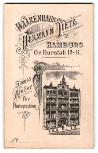 Fotografie Hermann Tietz, Hamburg, Gr. Burstah 12-14, Aussenansicht des Ateliers, Ateliername mit eleganter Dekoration