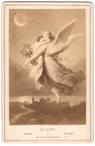 Fotografie unbekannter Fotograf und Ort, Engel mit Kind im nächtlichen Himmel nach einem Gemälde von W. v. Kaulbach