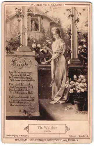 Fotografie Wilhelm Schlesinger, Berlin, Mann beobachtet eine Frau im Garten nach einem Gemälde von Th. Walther