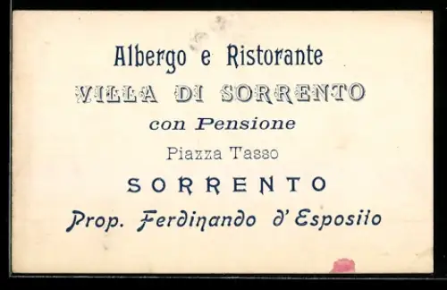 Vertreterkarte Sorrento, Albergo e Ristorante Villa di Sorrento con Pensione Piazza Tasso, Ferdinando d`Esposito
