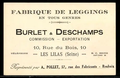 Vertreterkarte Les Lisa /Seine, Burlet & Deschamps, Fabrique de leggins, Rue du Bois 10