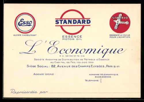 Vertreterkarte Paris, L`Economique, Sociéte Anonyme de distribution de Pétrole, Avenue des Champs Elysées 82
