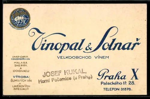 Vertreterkarte Praha, Vinopal & Solnar, Vekoobchod Vinem, Palackeho tr. 28