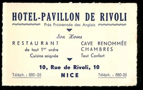 Vertreterkarte Nice, Hotel-Pavillon de Rivoli, Restaurant, Cave Renomée, Rue de Rivoli 10
