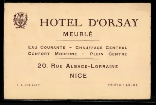 Vertreterkarte Nice, Hotel d`Orsay, Eau Courante, Chauffage Central, Rue Alsace-Lorraine 20