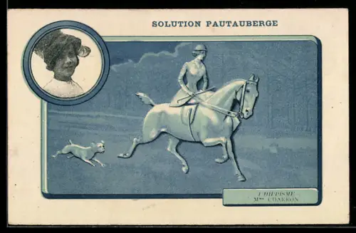 Vertreterkarte Paris, Solution Pautauberge, Dame zu Pferde mit Hund, Rue de Constantinople 10