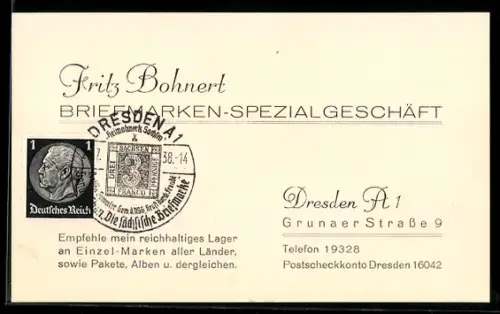 Vertreterkarte Dresden A., Fritz Bohnert, Briefmarken-Spezialgeschäft, Grunauer Strasse 9
