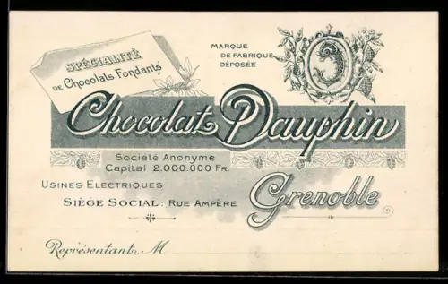 Vertreterkarte Grenoble, Chocolat Dauphin, Sociéte Anonyme, Chocolats Fondants