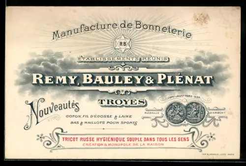 Vertreterkarte troyes, Remy, Bauley & Plénat, Manifacturew de Bonneterie