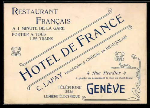 Vertreterkarte Genève, Hotel de France, Restaraunt Francais, Rue Pradier 4