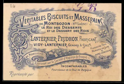 Vertreterkarte Montbozon, Véritables Biscuits et Massepains, Lanternier-Prudon Fabricant