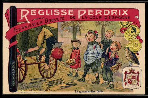 Vertreterkarte Réglisse Perdrix, Kiste mit Lakritze fällt von Verkaufswagen herunter