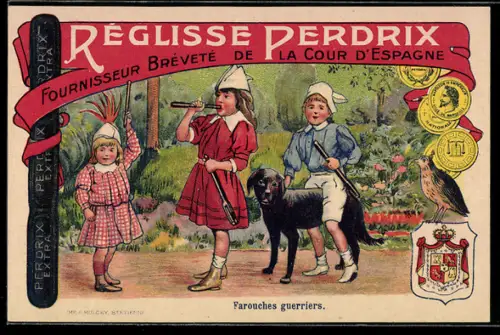 Vertreterkarte Réglisse Perdrix, Farouches guerriers, Kinder musizieren auf Lakritze