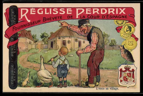 Vertreterkarte Réglisse Perdrix, L`école au village, Kind mit Lakritze auf dem Weg zur Schule