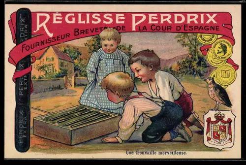 Vertreterkarte Réglisse Perdrix, Une trouvaille merveilleuse, Kinder bestaunen Lakritze