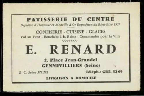 Vertreterkarte Gennevilliers /Seine, E. Renard, Patisserie du Centrew, Place Jean-Grandel 2