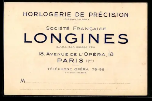 Vertreterkarte Paris, Longines, Horlogerie de Précision, Avenue de l`Opera 18
