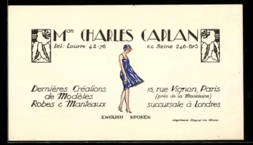 Vertreterkarte Paris, Mon Charles Caplan, Dernieres Créalions de Modèles, Rue Vignon 15