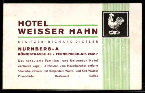 Vertreterkarte Nürnberg, Hotel Weisser Hahn, Besitzer Richard Distler, Königsstrasse 48