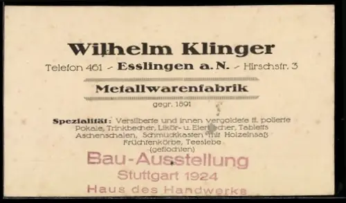 Vertreterkarte Esslingen a. N., Wilhelm Klinger, Metallwarenfabrik, Hirschstr. 3