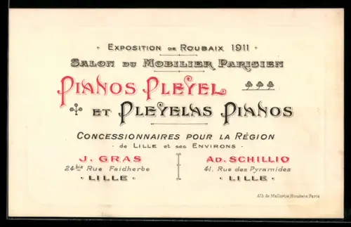 Vertreterkarte Lille, J. Gras, Pianos Pleyel et Pleyelas Pianos, Rue Faidherbe 24bis