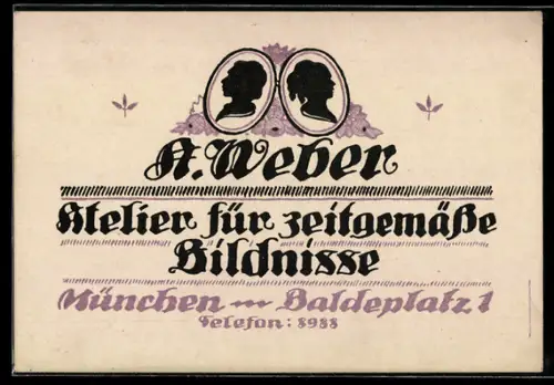 Vertreterkarte München, A. Weber, Atelier für zeitgemässe Bildnisse, Baldenplatz 1