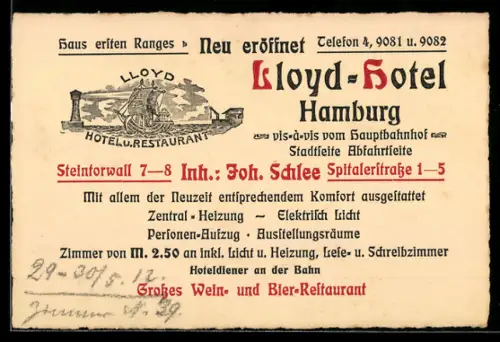 Vertreterkarte Hamburg, Lloyd-Hotel, Inh. Joh. Schlee, Steintorwall 7-8