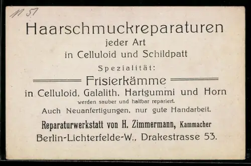 Vertreterkarte Berlin-Lichterfelde, H. Zimmermann, Kammacher, Haarschmuckreparaturen, Drakestrasse 53