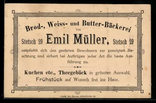 Vertreterkarte Stetsch, Emil Müller, Brot-, Weiss- und Butter-Bäckerei