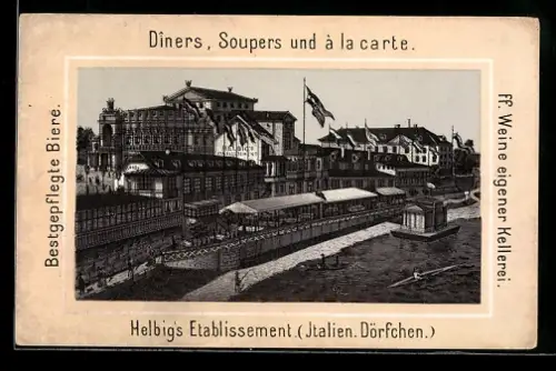 Vertreterkarte Helbig`s Etablissement, Italien. Dörfchen, Diners, Spupers und à la charte, Ansicht der Gaststätte