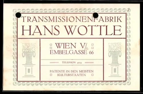 Vertreterkarte Wien, Hans Wottle, Transmissionenfabrik, Embelgasse 66